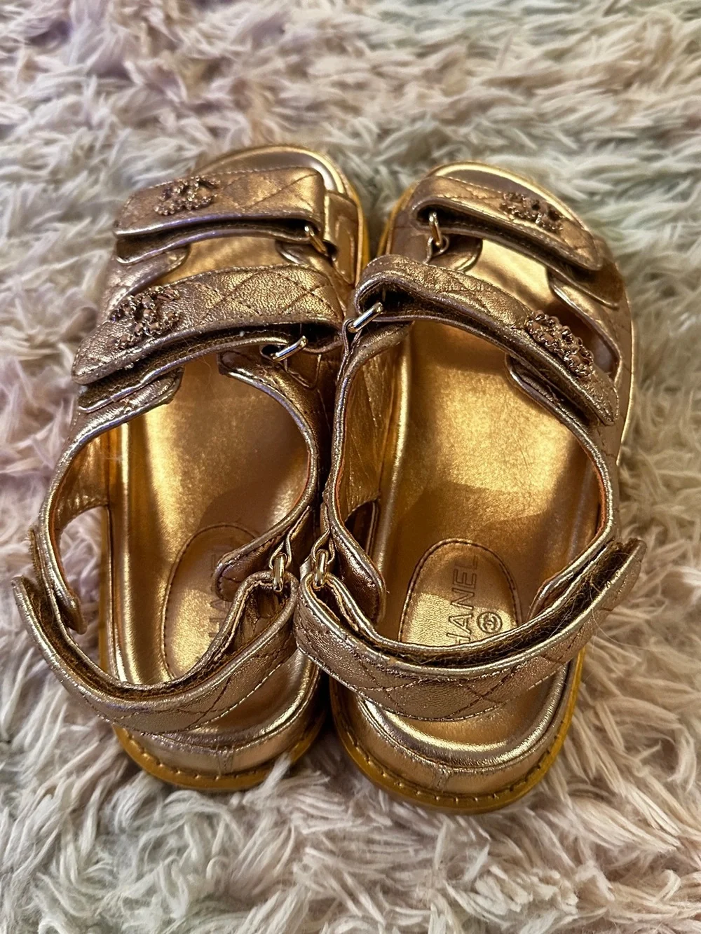 Chanel Iridescent Lambskin Quilted Velcro Dad Sandals in Light Bronze Size 40